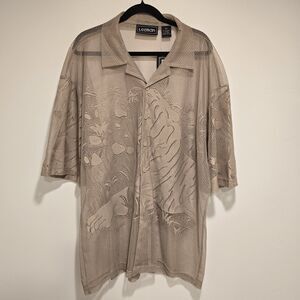 Vintage Deadstock Sheer Mesh Tiger Button Down Shirt 3X Mens Retro 80s Disco Tan